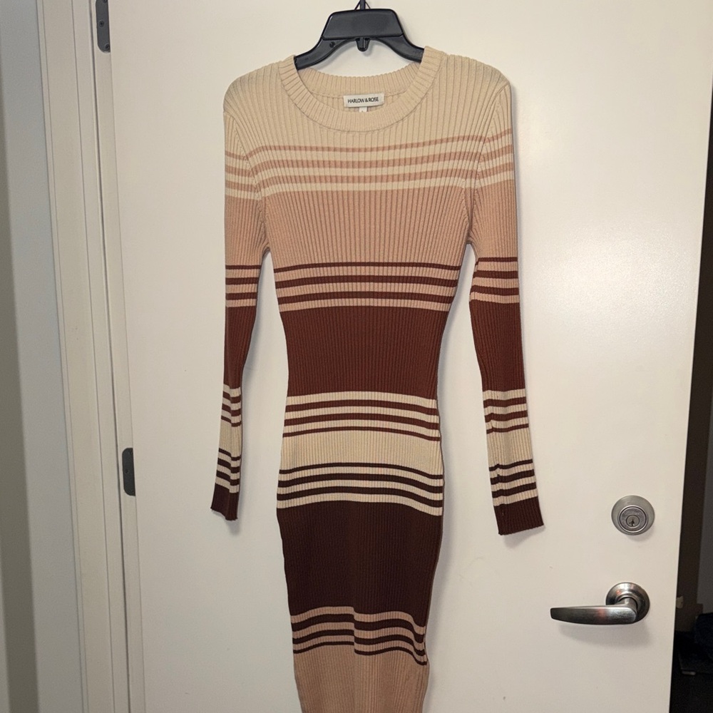 Sandro Beige and Brown Striped Long Sleeve Dress